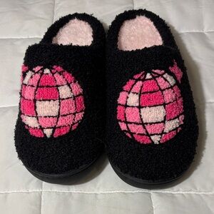 Black Fuzzy Slippers with Pink Disco Ball